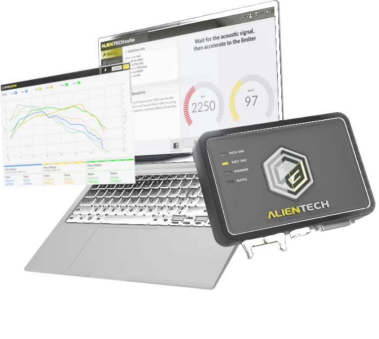 Alientech Suite DynoDrive road power and torque testing on laptop with KESS3