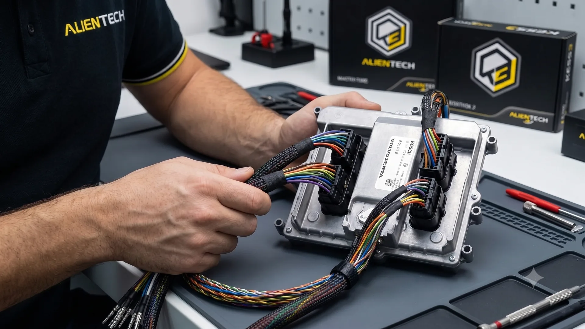 Alientech KESS3 marine tuning tool connected to a Yanmar diesel ECU on a Dorset boat