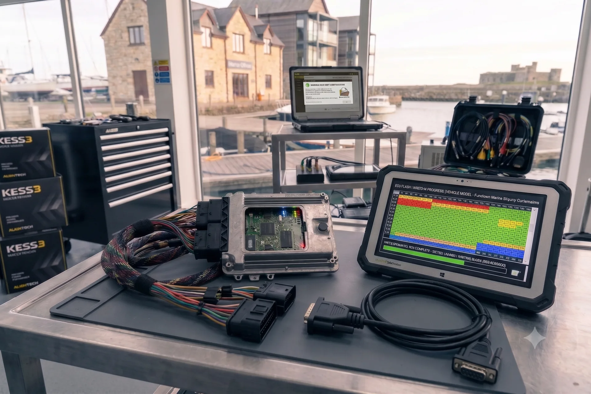 24Tuning engineer flashing a custom Stage 1 map to a Kawasaki Jet Ski ECU