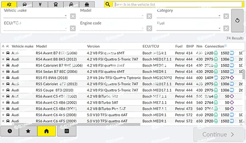 Alientech Suite Agent Programme Bournemouth Dorset | 24Tuning Alientech Suite vehicle compatibility software showing Audi ECU and TCU remapping data for the 24Tuning agent programme in Bournemouth Dorset