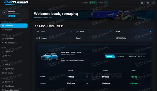 24Tuning dealer portal dashboard showing vehicle search and Stage 1 remap gains for authorised agents in Bournemouth Dorset