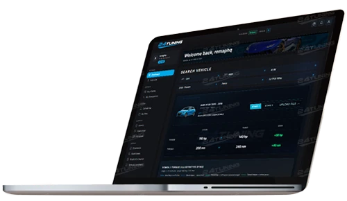 24Tuning dealer portal on a laptop showing Audi A1 Stage 1 remap power and torque gains for authorised ECU remapping agents in Bournemouth Dorset