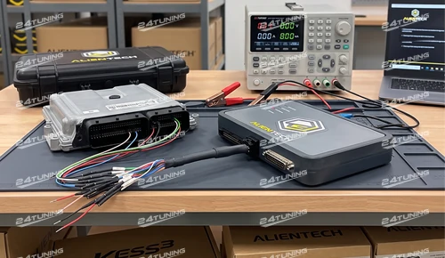 Alientech KESS3 connected to an ECU on the bench for OBD and service mode programming at the 24Tuning become an agent workshop in Bournemouth Dorset