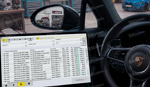 Alientech Suite on a laptop inside a Porsche workshop showing mobile and workshop ECU remapping practice for the 24Tuning become an agent programme in Bournemouth Dorset