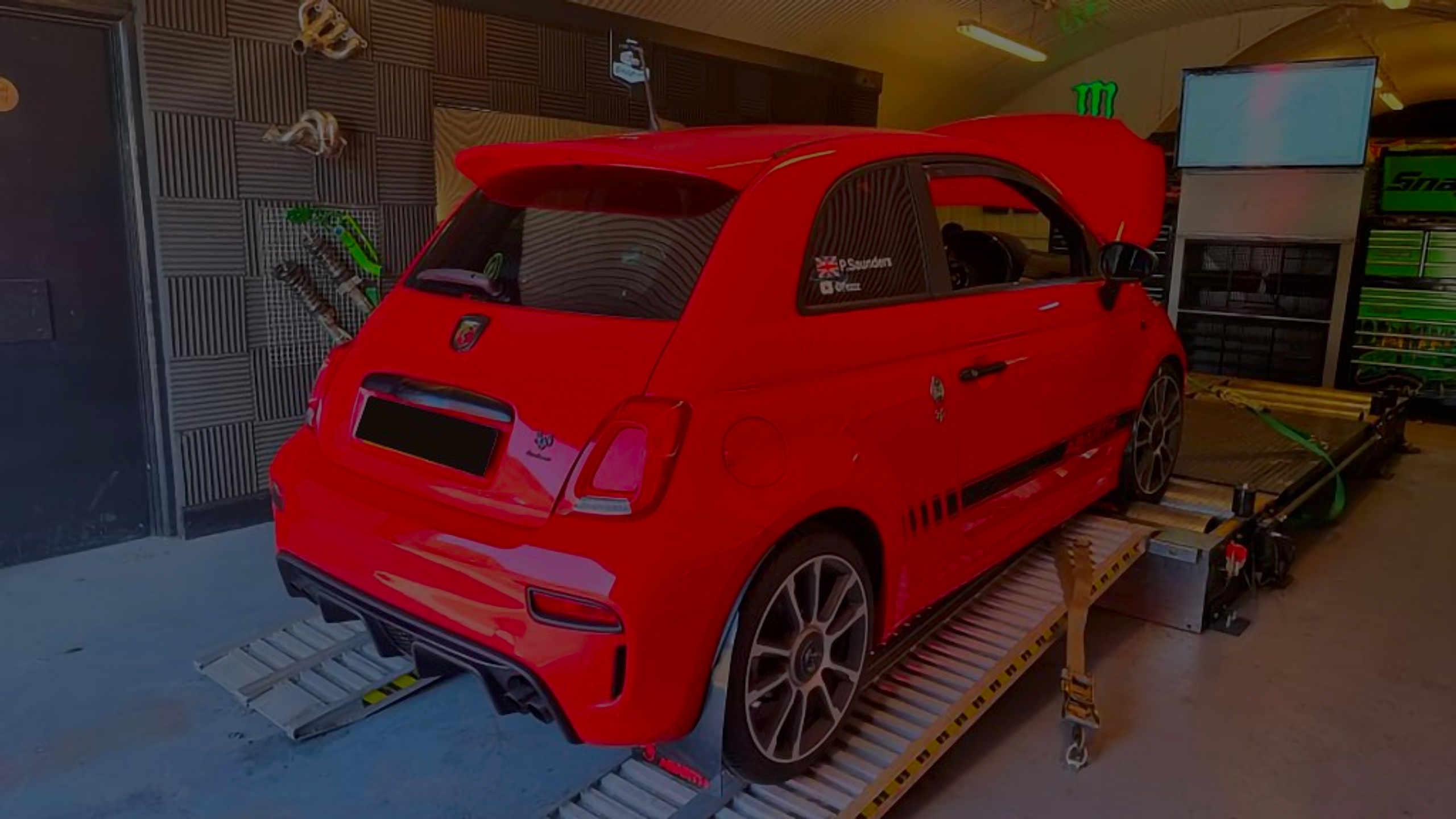 Abarth 595 1.4 T-Jet Remap Bournemouth Poole Dorset | 24Tuning Red Abarth 595 on rolling road dyno with bonnet open at 24Tuning Bournemouth Dorset workshop for Stage 1 ECU remapping