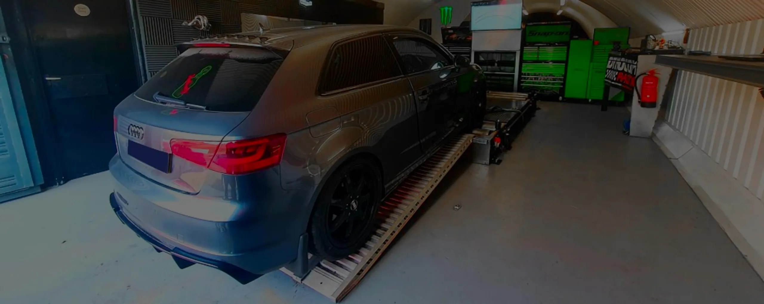 Audi A3 2.0 TDI 8V Remap Bournemouth Poole Dorset | 24Tuning Grey Audi A3 2.0 TDI rear view on rolling road dyno at 24Tuning Bournemouth Dorset workshop for Stage 1 ECU remapping