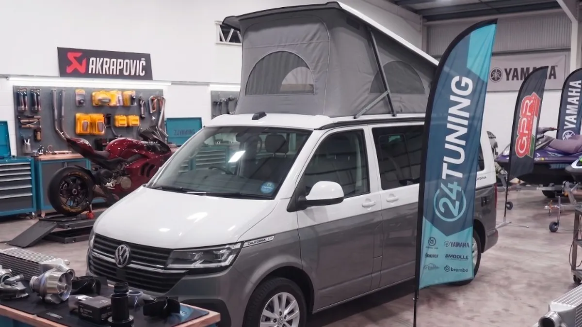 Volkswagen California campervan remapping in Bournemouth workshop with pop-top roof and 24Tuning banner - 24Tuning