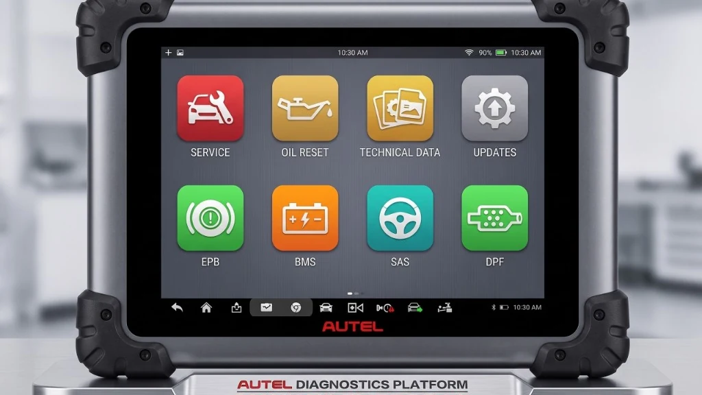 Car Engine Diagnostics Bournemouth Poole Dorset | 24Tuning Autel MaxiSys Elite Pro II diagnostic tablet on stand showing service and DPF functions - car engine diagnostics by 24Tuning Bournemouth Dorset
