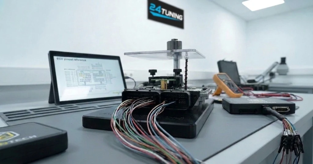 ECU on test bench with pinout tablet, probe rig and multimeter in 24Tuning workshop - ECU and PCM hub Bournemouth Dorset