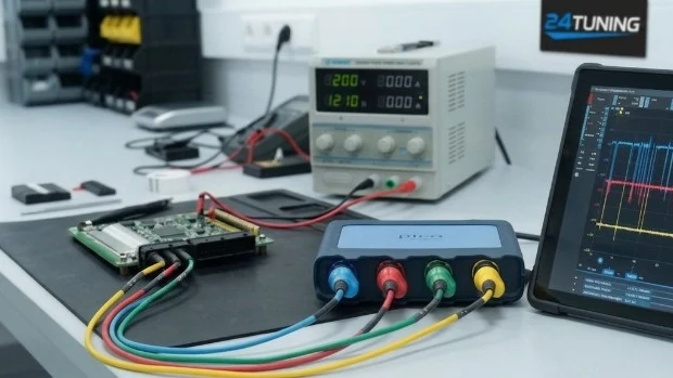 ECU on the test bench with probe and scope at 24Tuning Bournemouth Dorset for ECU and PCM repairs