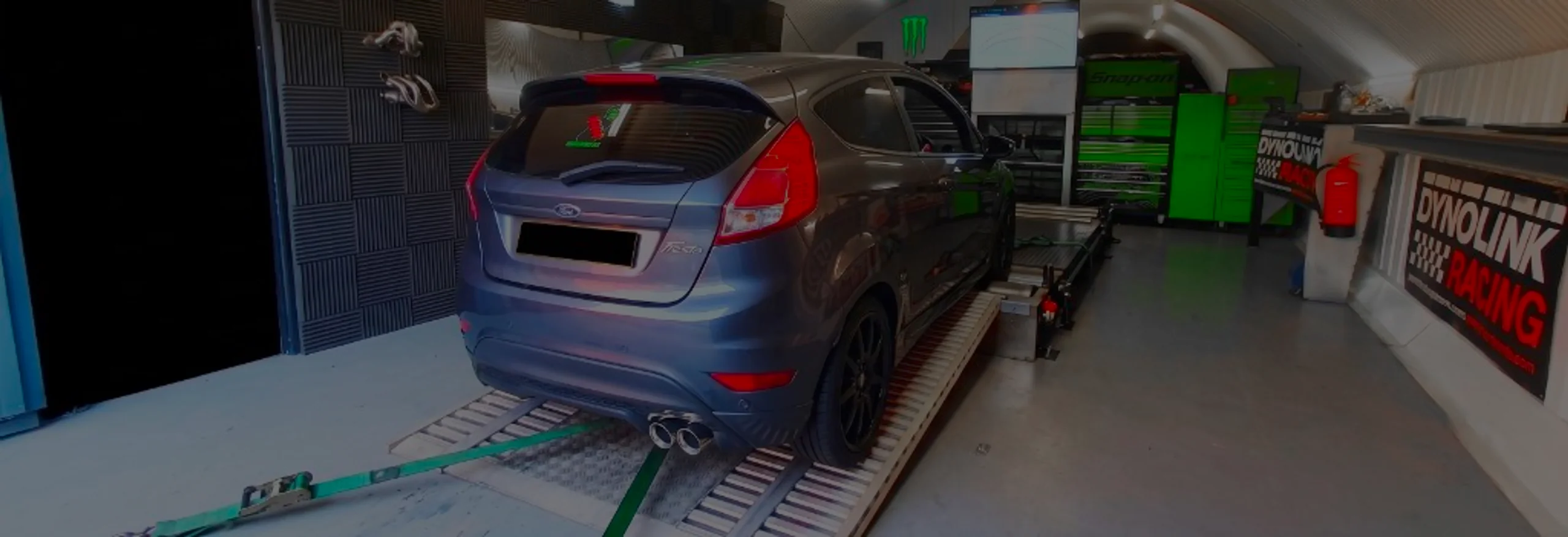 Ford Fiesta 1.0 EcoBoost Remap Bournemouth Poole Dorset | 24Tuning Grey Ford Fiesta 1.0 EcoBoost wide panoramic on Dynocom rolling road dyno at 24Tuning Bournemouth Dorset workshop for Stage 1 ECU remapping