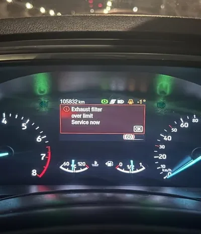 Transit Custom DPF Warning | 24Tuning Ford Transit Custom dashboard warning Exhaust filter over limit Service now — van DPF repair Bournemouth