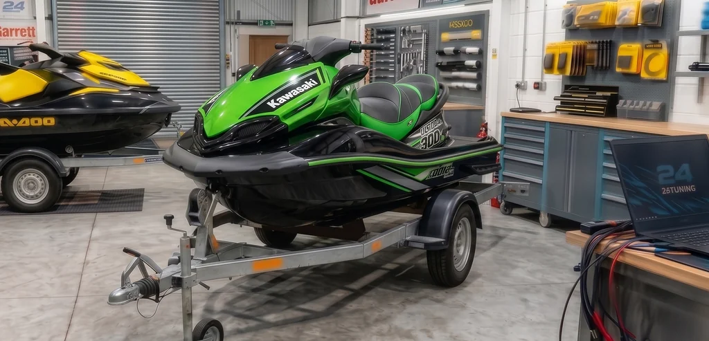 Sea-Doo RXP-X jet ski in 24Tuning workshop with remapping laptop for jet-ski ECU tuning - 24Tuning Bournemouth Dorset