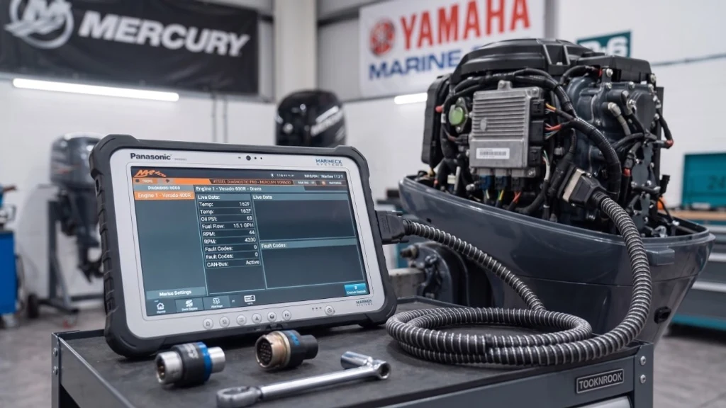 Toughbook tablet showing Mercury Verado live data connected to an uncovered outboard ECU - marine engine diagnostics by 24Tuning Bournemouth Dorset