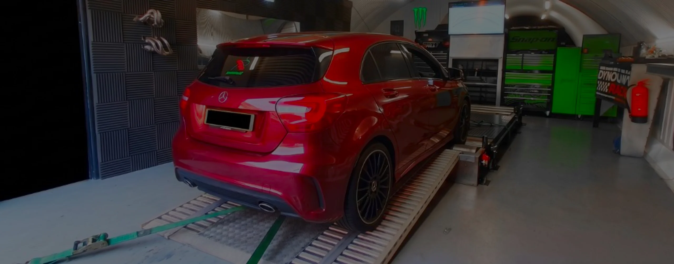 Mercedes A-Class 180d W176 Remap Bournemouth Poole Dorset | 24Tuning Red Mercedes-Benz A-Class 180d W176 wide panoramic on Dynocom rolling road dyno at 24Tuning Bournemouth Dorset workshop for Stage 1 diesel ECU remapping