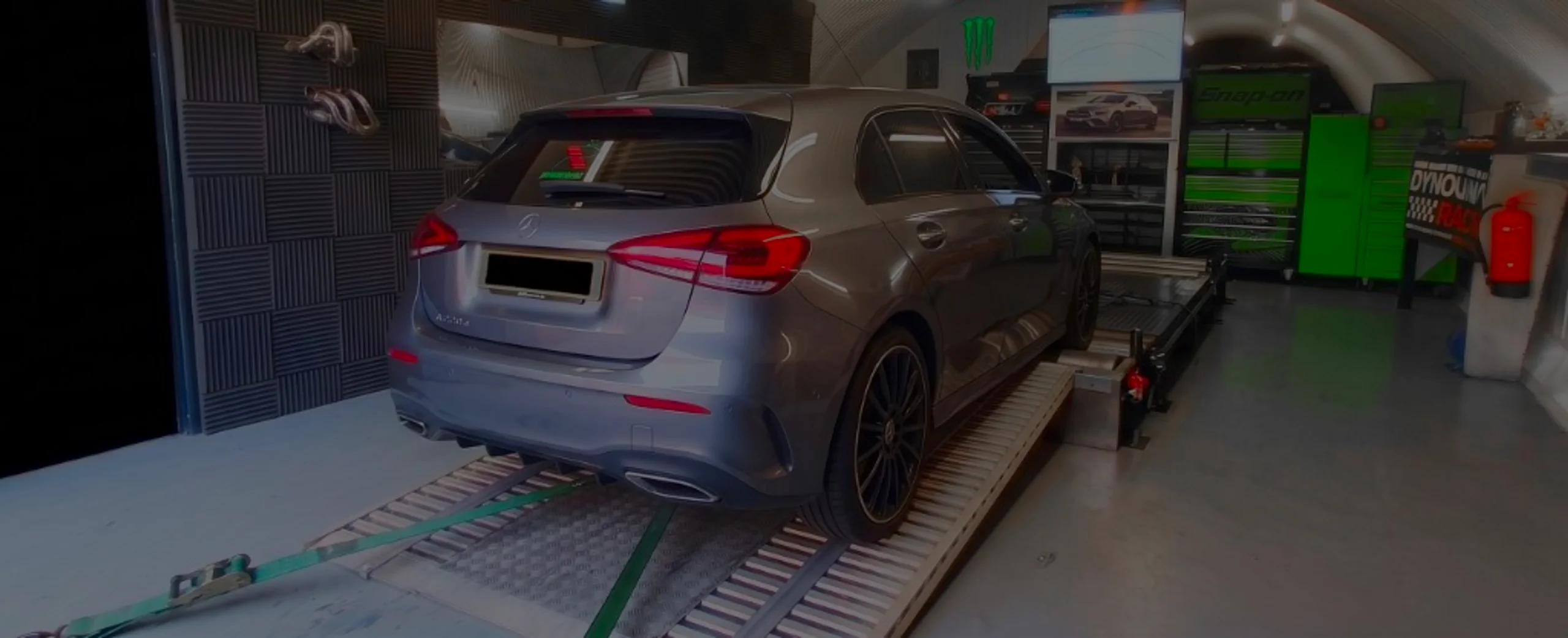 Grey Mercedes-Benz A-Class 220d W177 wide panoramic on Dynocom rolling road dyno at 24Tuning Bournemouth Dorset workshop for Stage 1 diesel ECU remapping
