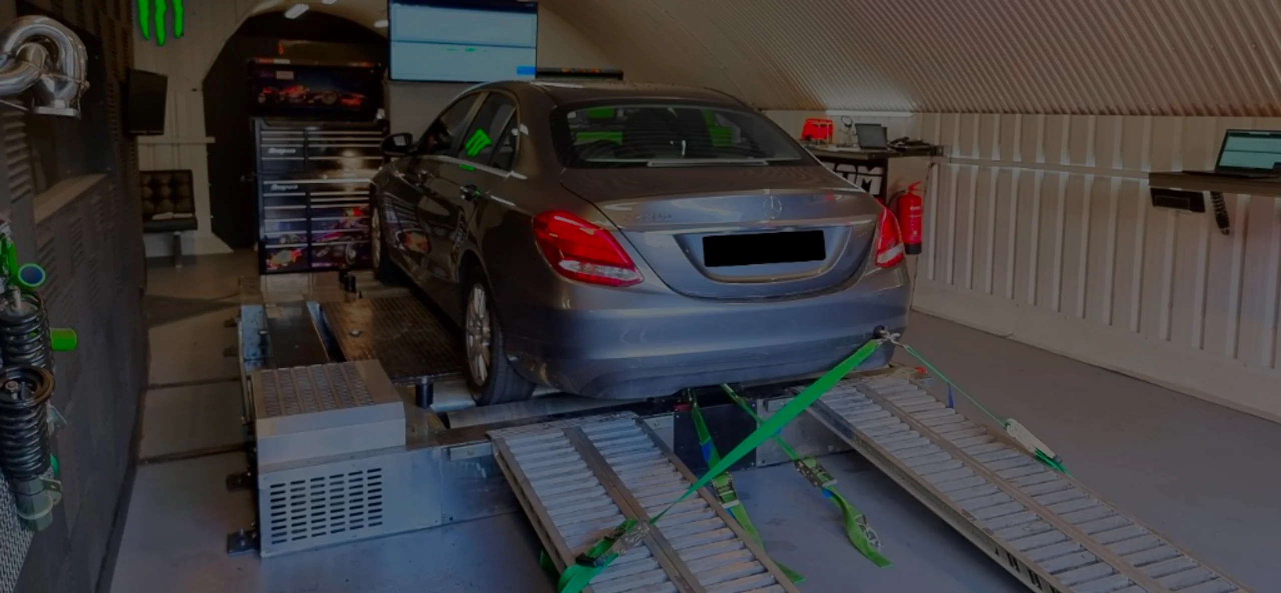 Mercedes C220d W205 Remap Bournemouth Poole Dorset | 24Tuning Grey Mercedes-Benz C220d W205 wide panoramic on Dynocom rolling road dyno at 24Tuning Bournemouth Dorset workshop for Stage 1 diesel ECU remapping