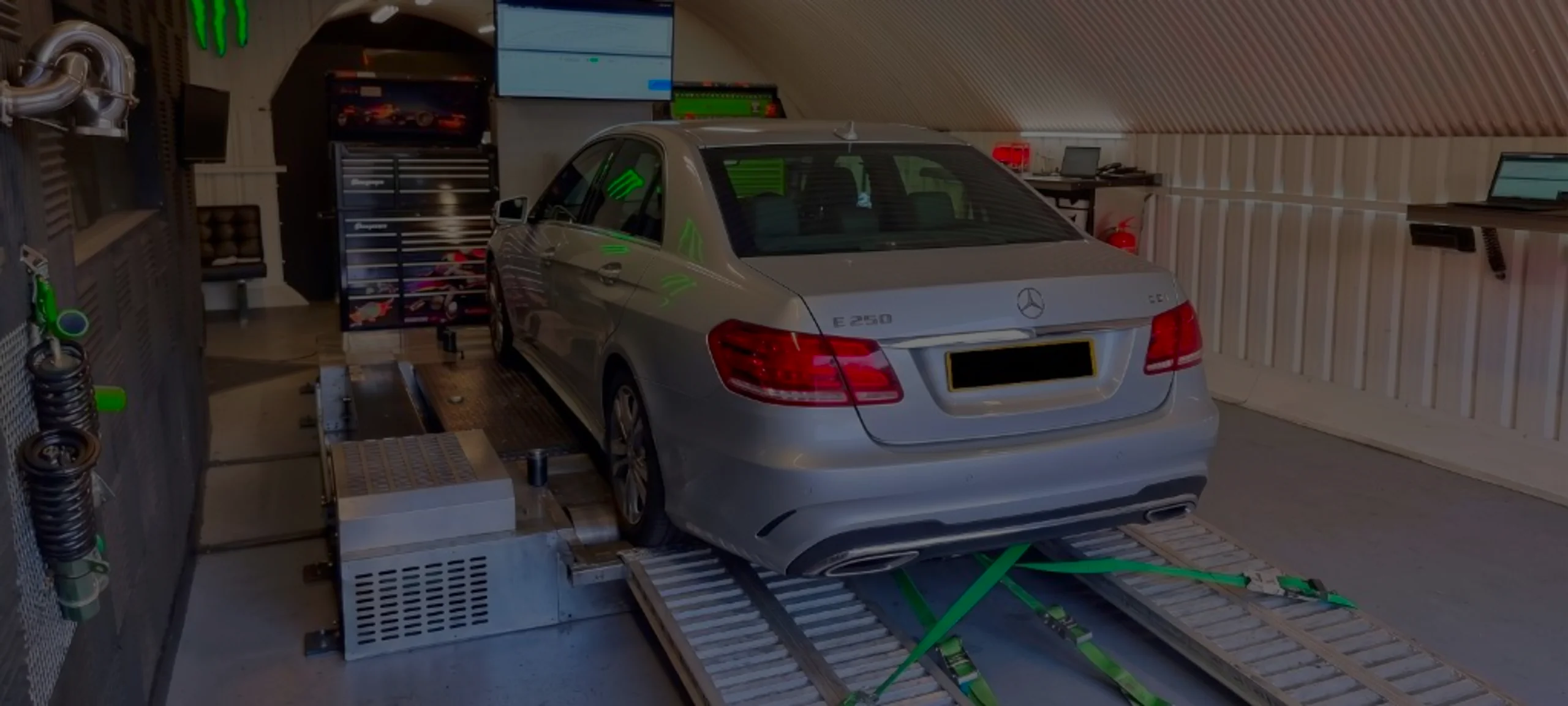 Silver Mercedes-Benz E250 CDI W212 wide panoramic on Dynocom rolling road dyno at 24Tuning Bournemouth Dorset workshop for Stage 1 diesel ECU remapping