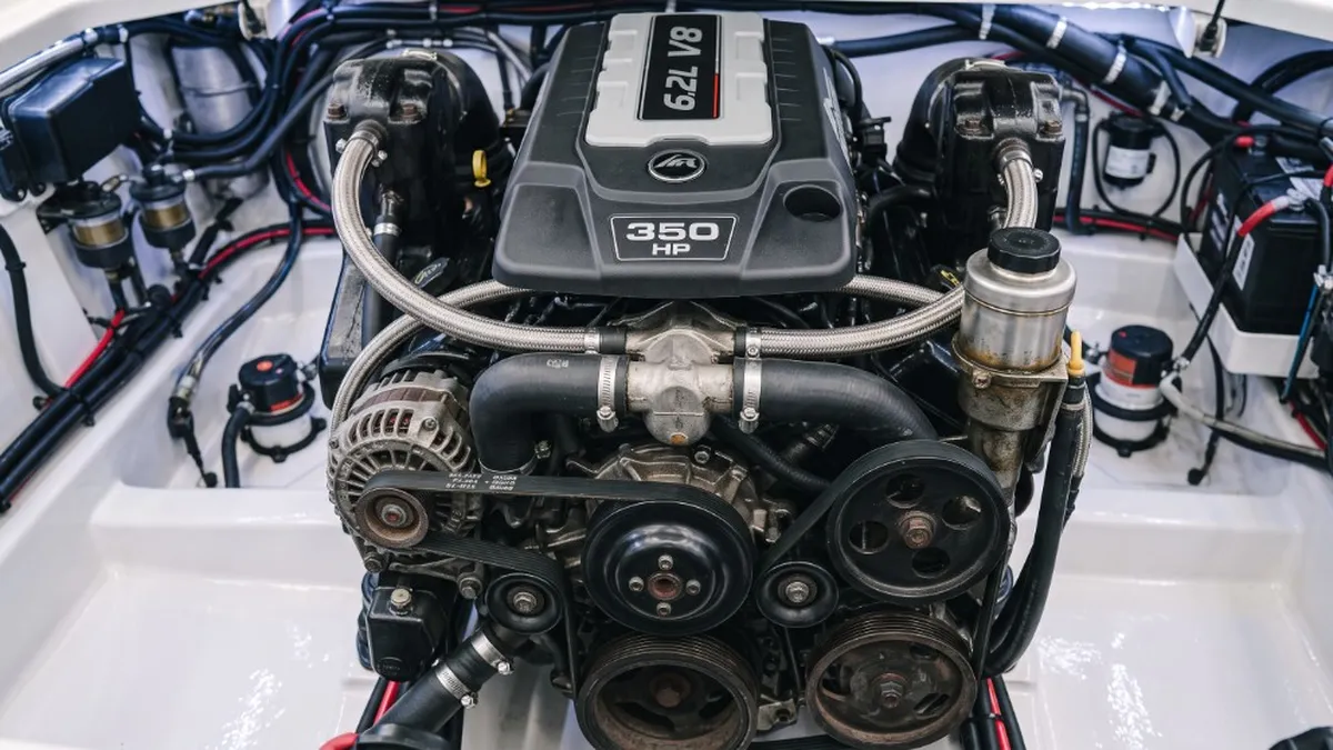 MerCruiser 6.2L V8 350 HP sterndrive engine in a clean engine bay - marine tuning by 24Tuning Bournemouth Dorset