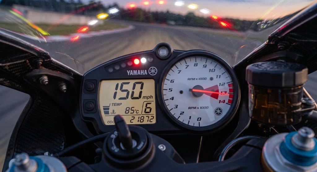 Yamaha bike dash showing 150 mph during RPM limiter calibration - 24Tuning Bournemouth Dorset