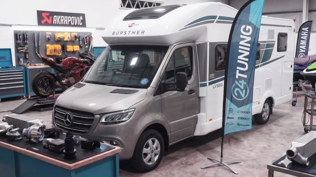 Burstner Lyseo Mercedes motorhome Stage 1 remapping in Bournemouth workshop with 24Tuning banner - 24Tuning