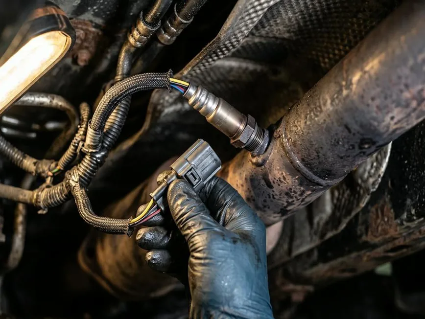 Mechanic disconnecting a NOx sensor electrical connector on an exhaust pipe — Bournemouth Dorset