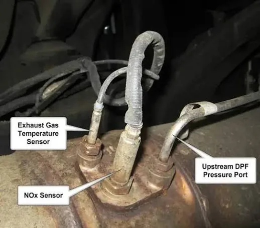 NOx Sensor on Exhaust | 24Tuning Exhaust flange labelled with exhaust gas temperature sensor, NOx sensor and upstream DPF pressure port — Bournemouth Dorset