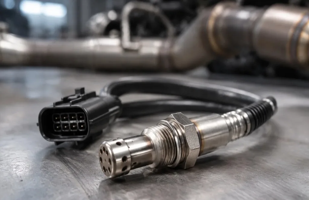Close-up of a new NOx sensor probe with hex nut, threads and electrical connector — Bournemouth Dorset