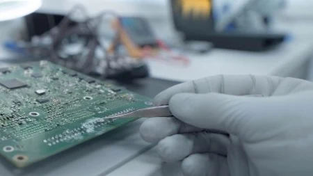 Gloved technician repairing a marine PCM circuit board with precision tweezers - PCM repairs by 24Tuning Bournemouth Dorset