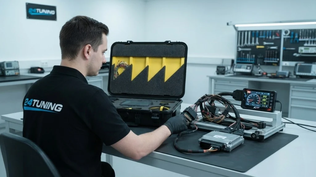 PCM Replacements (Marine) Bournemouth Poole Dorset | 24Tuning 24Tuning technician programming a marine PCM on the bench with diagnostic tablet and wiring harness - PCM replacements Bournemouth Dorset