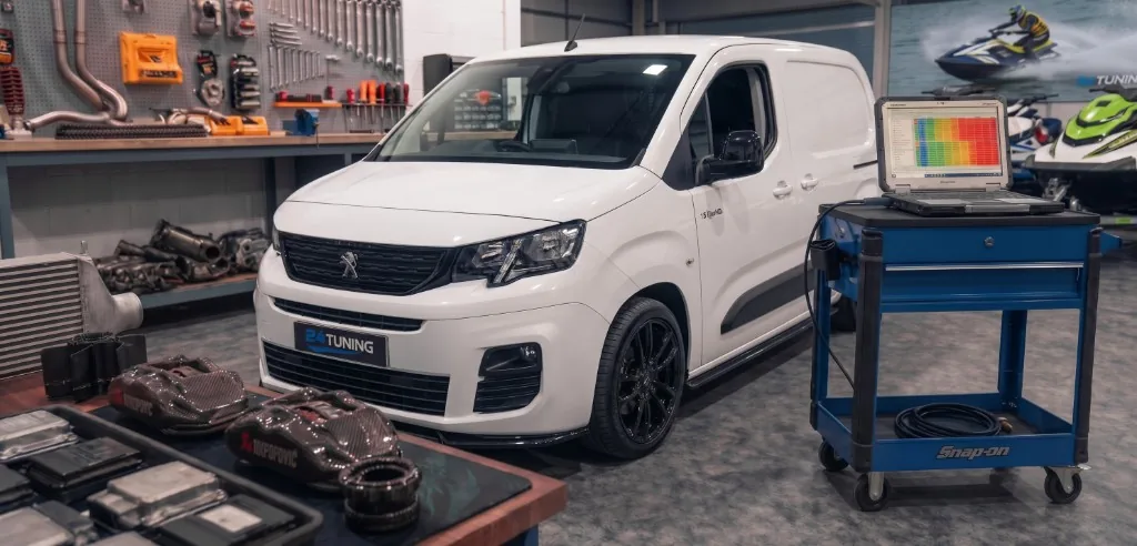 White Peugeot Partner 1.5 BlueHDi in the 24Tuning workshop — AdBlue delete Bournemouth Dorset