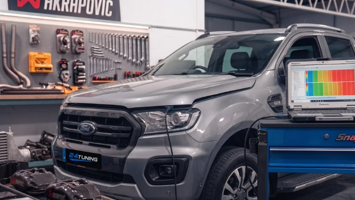 Pickup Remapping Hub Bournemouth Poole Dorset | 24Tuning Ford Ranger pickup ECU remapping in Bournemouth workshop with remapping laptop on Snap-on cart - 24Tuning