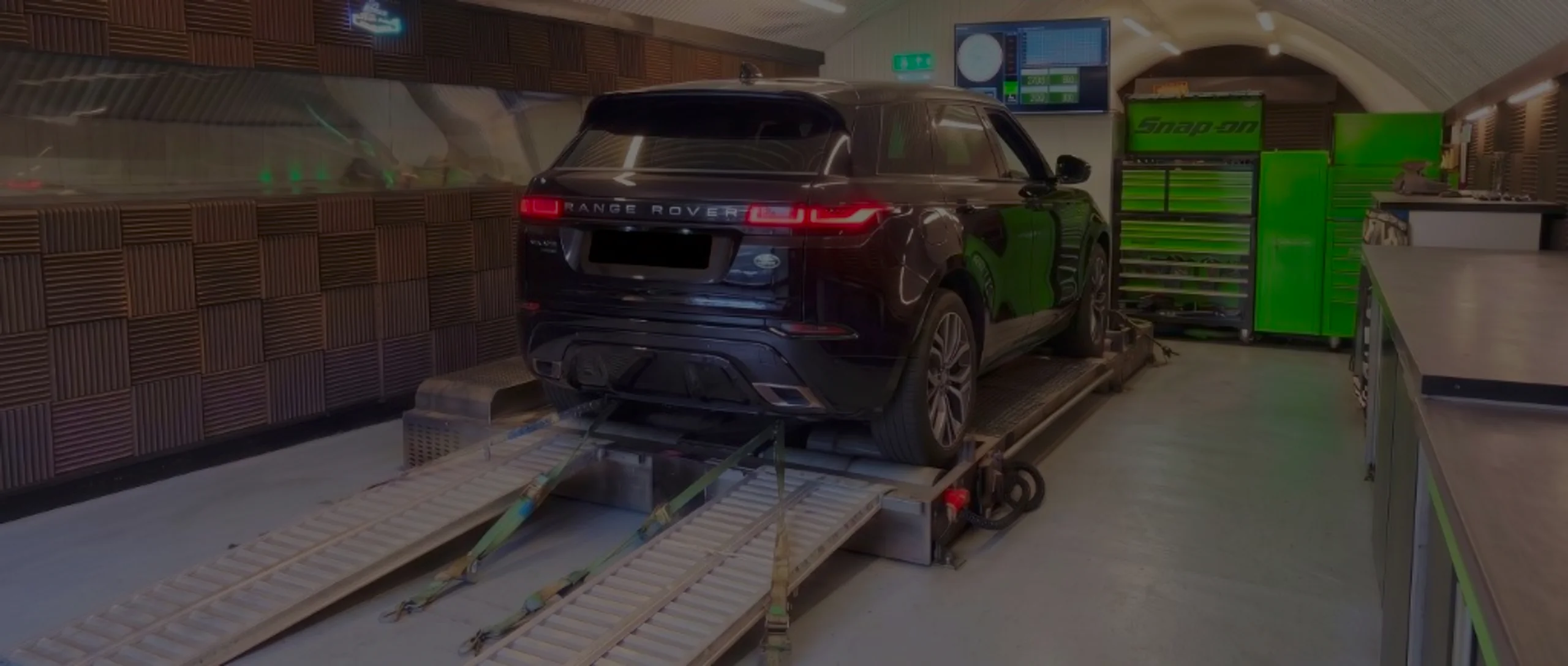 Range Rover Evoque L551 Remap Bournemouth Poole Dorset | 24Tuning Black Range Rover wide panoramic rear on Dynocom rolling road dyno at 24Tuning Bournemouth Dorset workshop for Stage 1 diesel ECU remapping