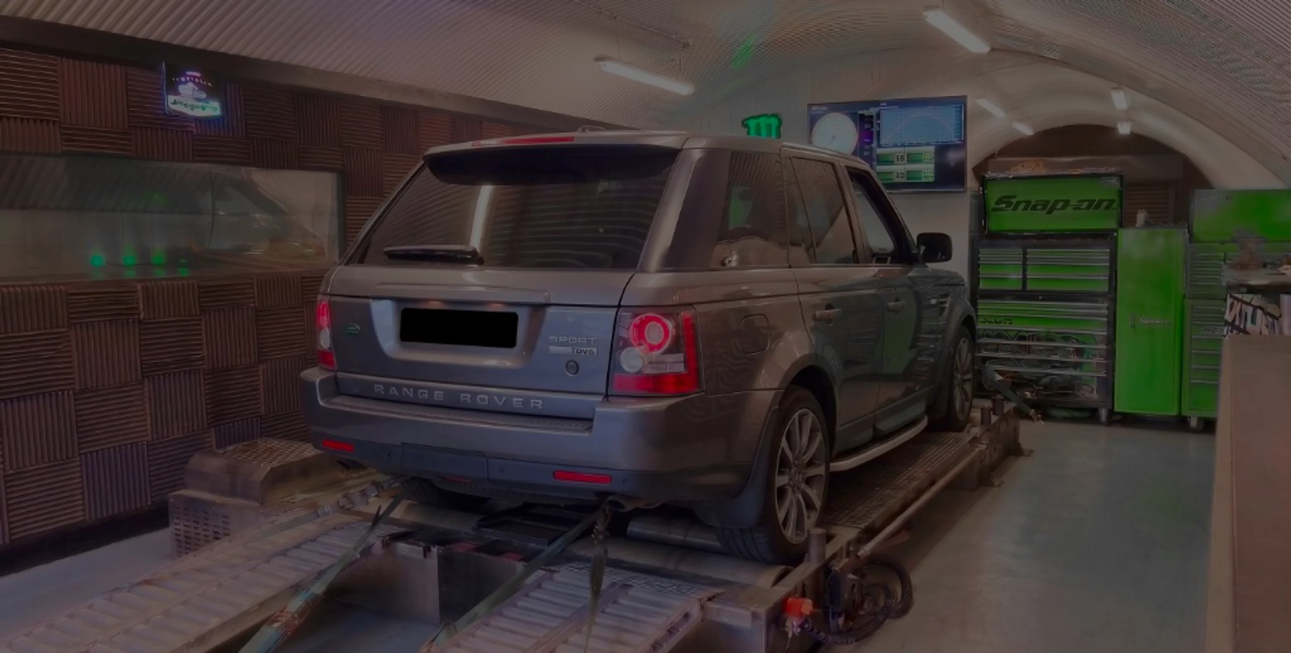 Grey Range Rover Sport L320 wide panoramic rear on Dynocom rolling road dyno at 24Tuning Bournemouth Dorset workshop for Stage 1 diesel ECU remapping