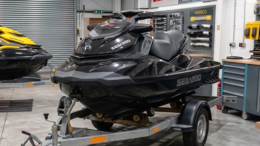 Sea-Doo Jet-Ski Remap Bournemouth Poole Dorset | 24Tuning Black Sea-Doo jet ski on a trailer in the 24Tuning Bournemouth Dorset workshop - jet-ski ECU remapping by 24Tuning