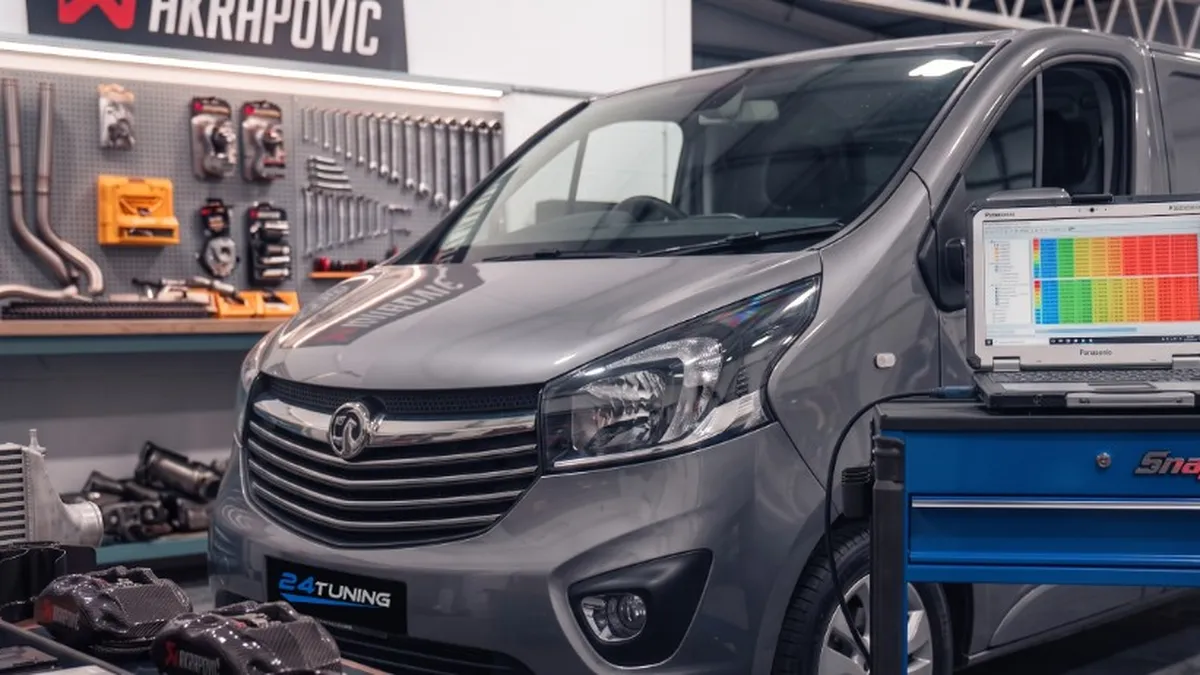 Van Economy Remap Bournemouth Poole Dorset | 24Tuning Vauxhall Vivaro van economy remapping in Bournemouth workshop with remapping laptop on Snap-on cart - 24Tuning