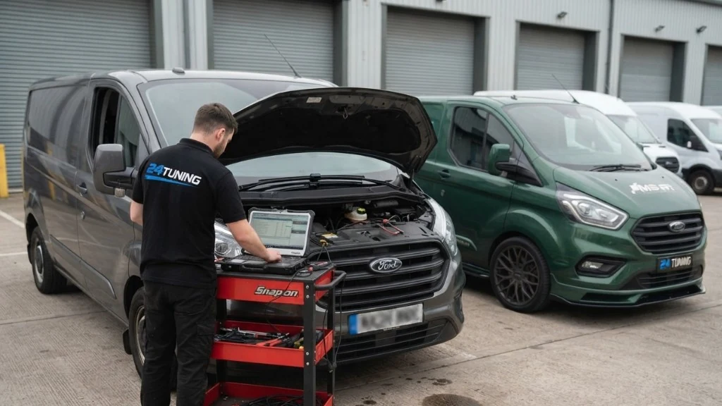 24Tuning technician diagnosing a grey Ford Transit Custom with a laptop on a Snap-on cart - van engine diagnostics Bournemouth Dorset