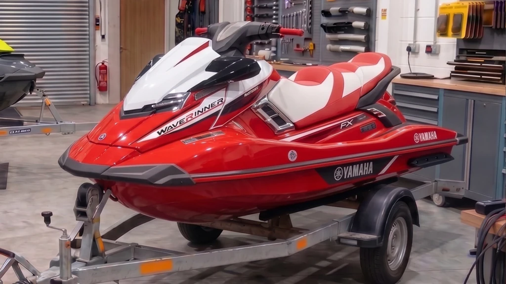 Red and white Yamaha WaveRunner FX jet ski on a trailer in the 24Tuning Bournemouth Dorset workshop - jet-ski ECU remapping by 24Tuning