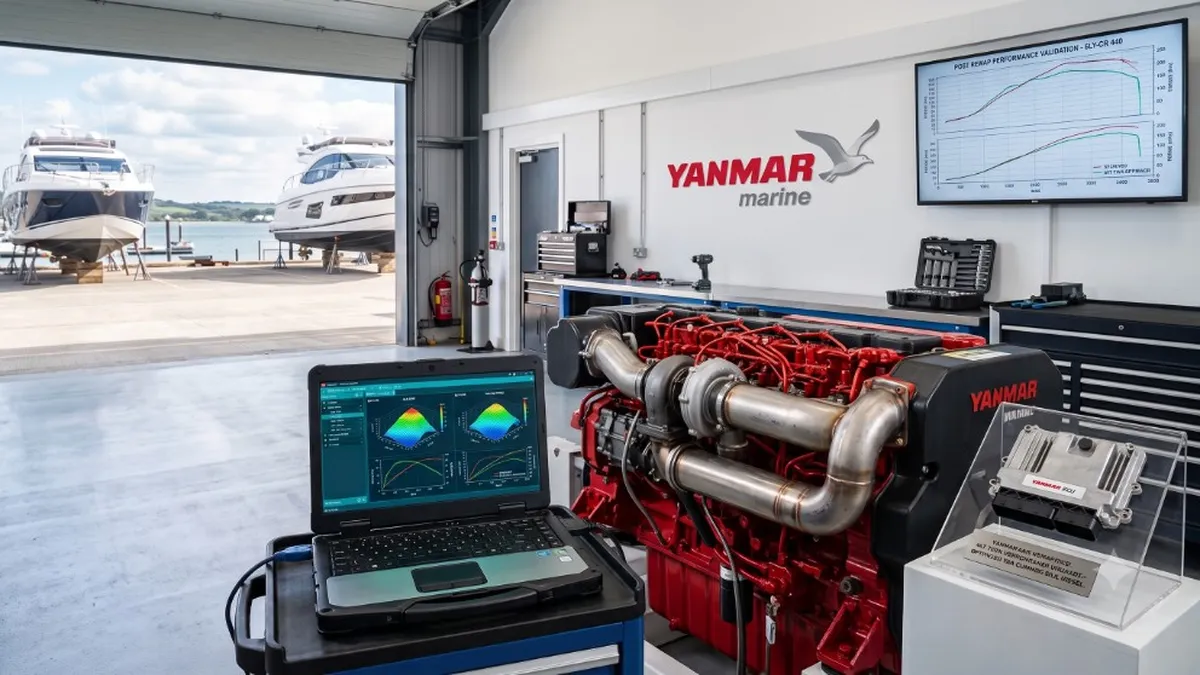 Yanmar Marine Tuning Bournemouth Poole Dorset | 24Tuning Yanmar marine diesel engine in a workshop with ECU remapping diagnostics - marine tuning by 24Tuning Bournemouth Dorset